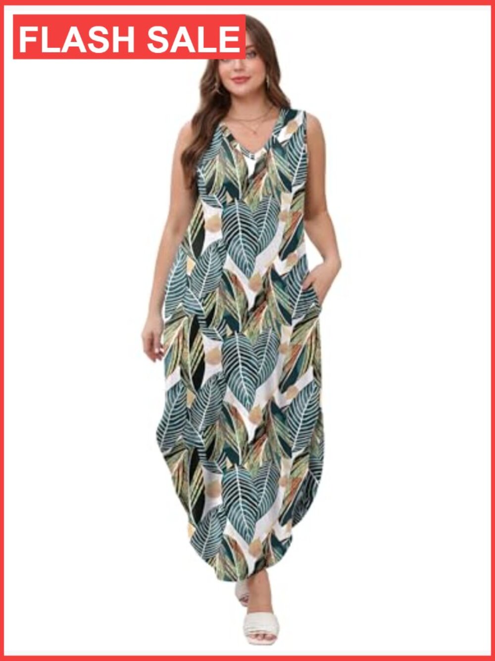Boho V-Neck Maxi Dress with Pockets, Sleeveless Beach Sundress, Lightweight - Picture 5 of 7